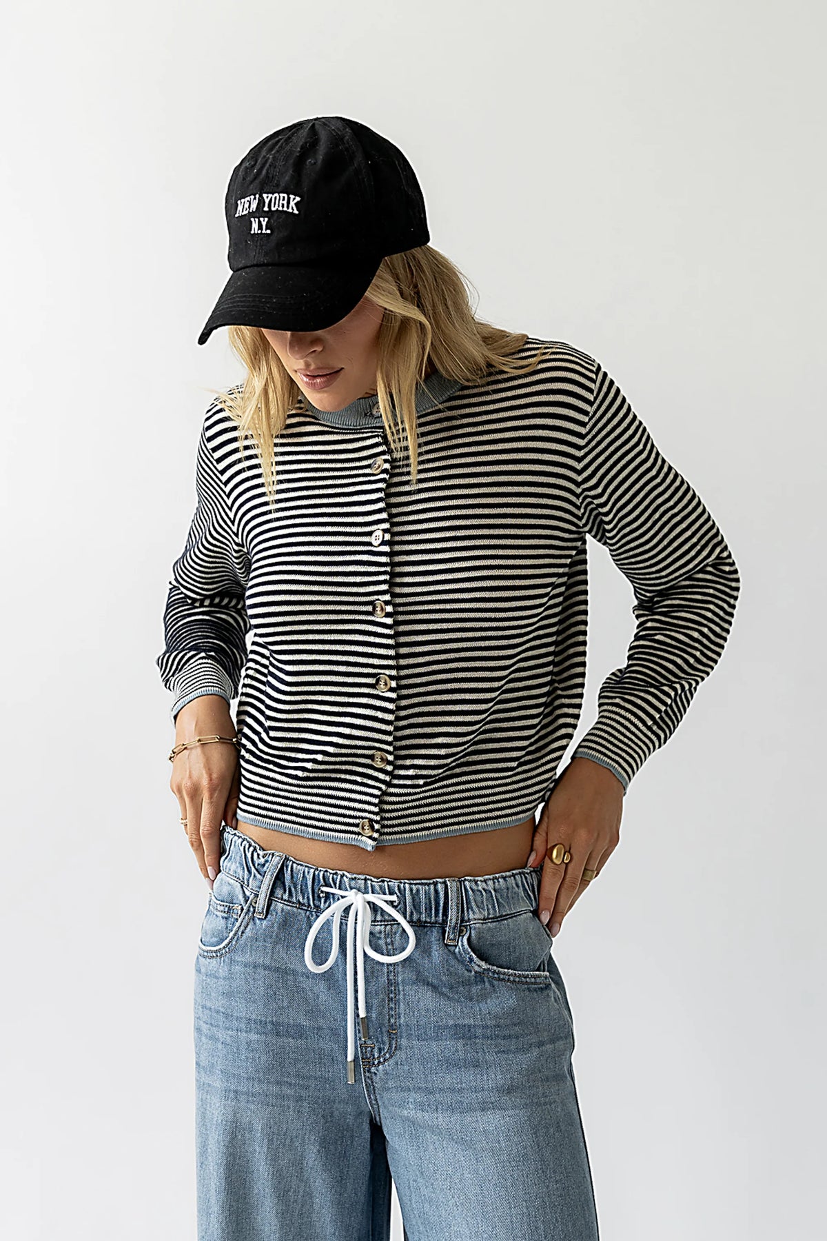 Josy Button Front Cardigan in Dusty Blue