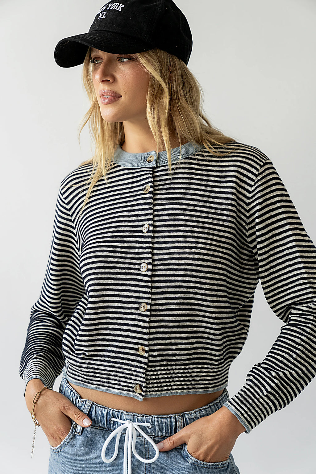 Josy Button Front Cardigan in Dusty Blue