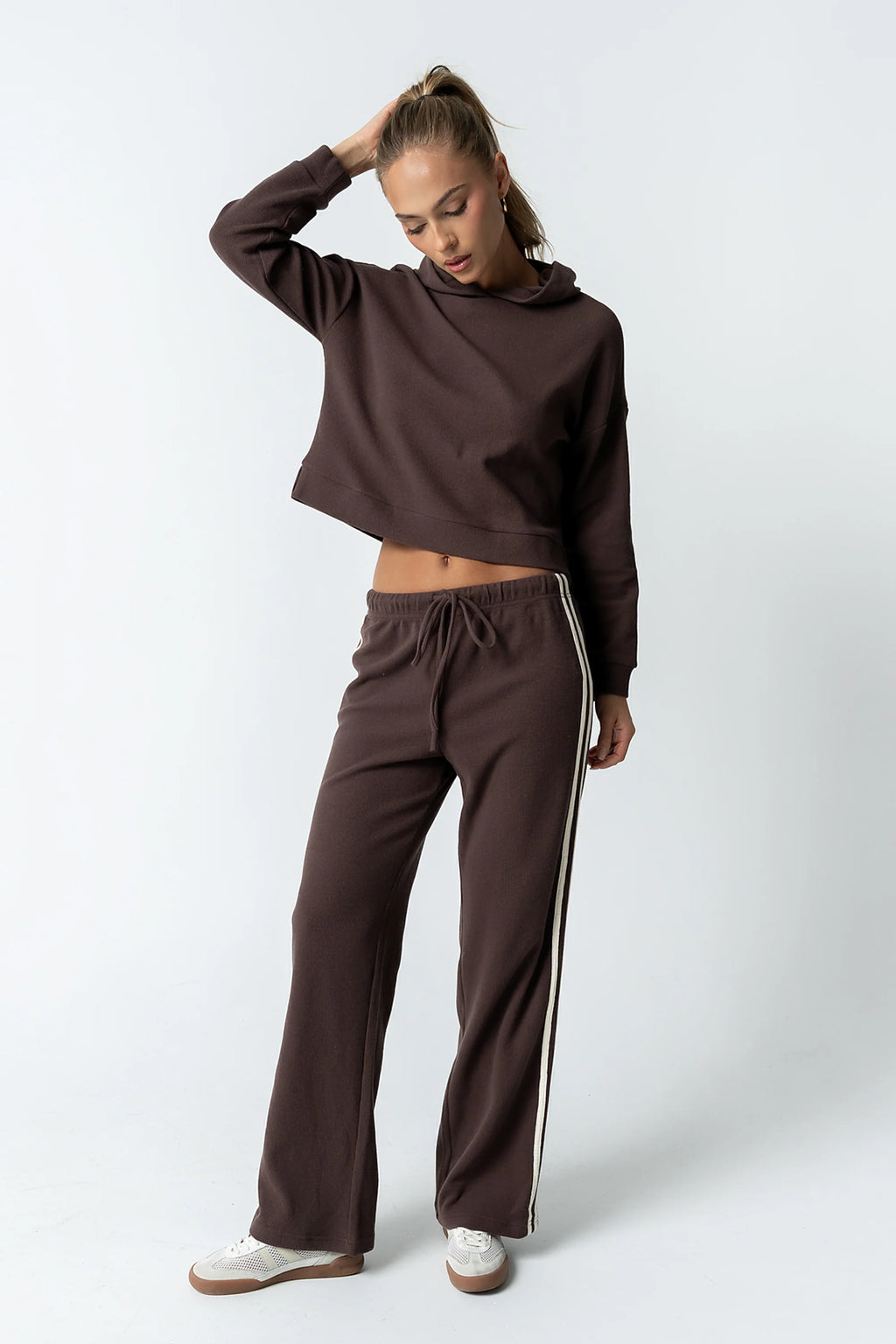 Kourtney Waffle Knit Hoodie in Brown