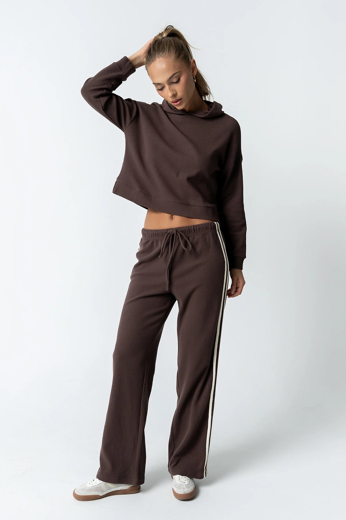 Kourtney Waffle Knit Hoodie in Brown