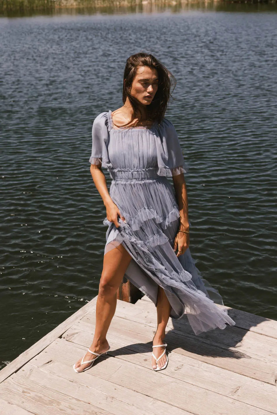 Eugena Ruffled Maxi Dress in Blue