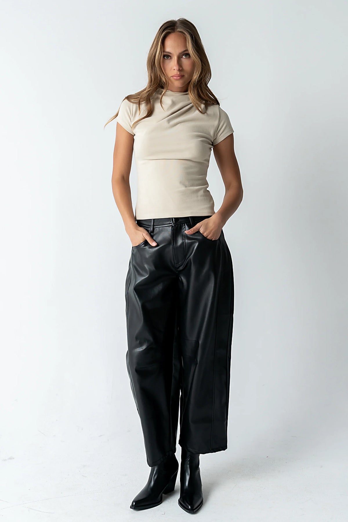 Langston Vegan Leather Barrel Jeans in Black
