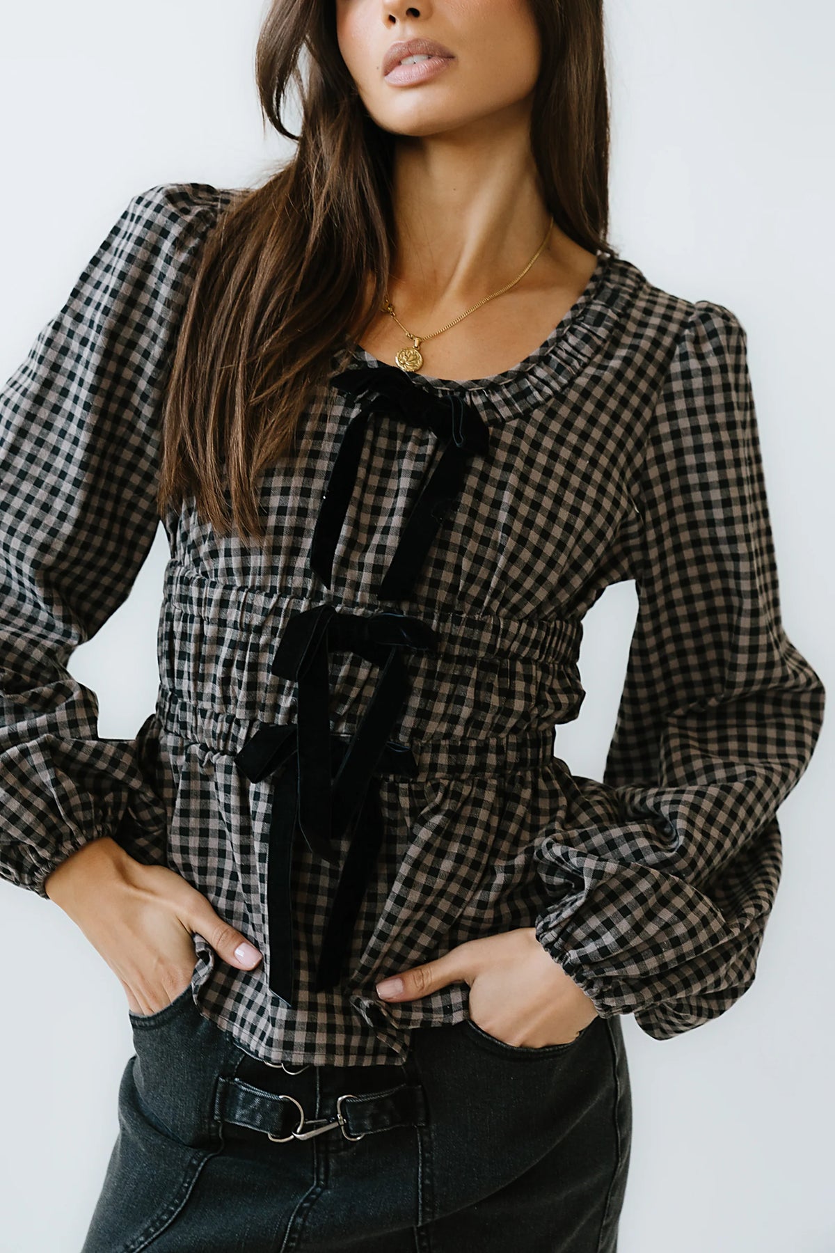 Ella Tie Peplum Blouse in Black