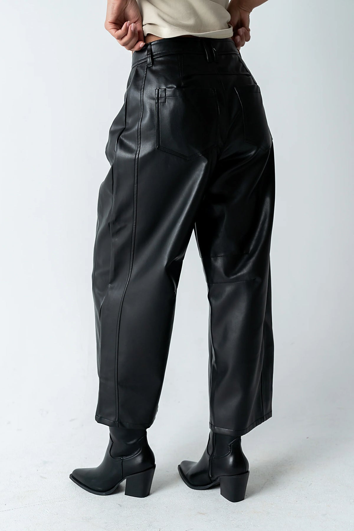 Langston Vegan Leather Barrel Jeans in Black