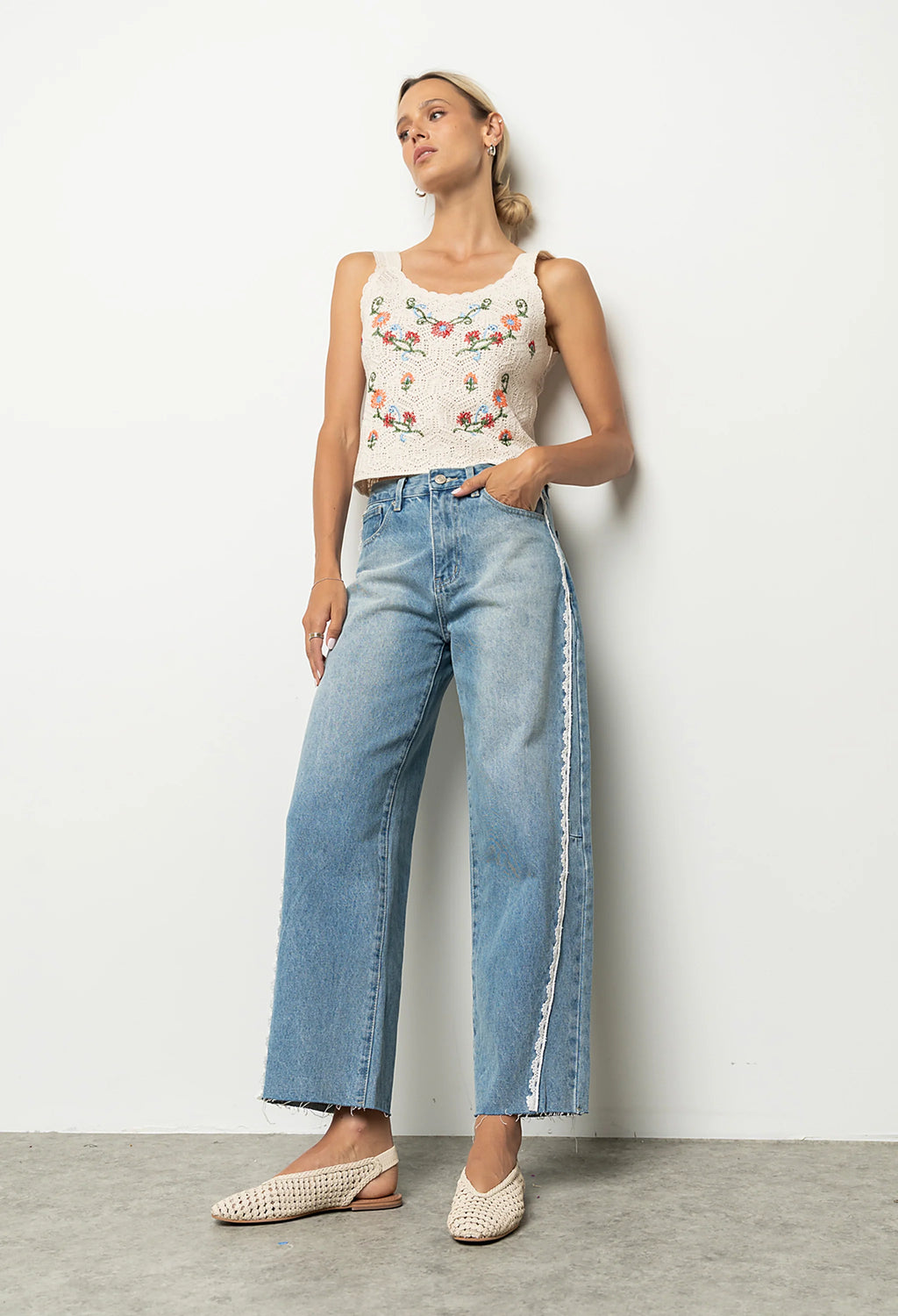 Adeline Lace Trim Barrel Jeans