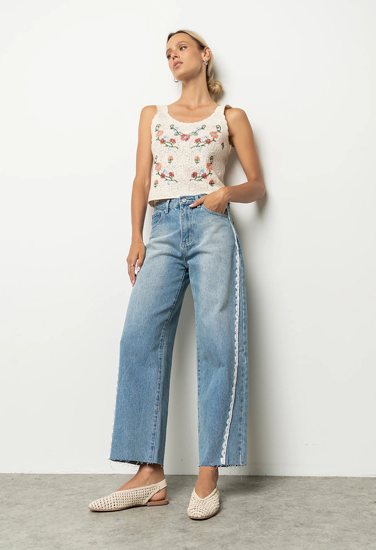 Adeline Lace Trim Barrel Jeans