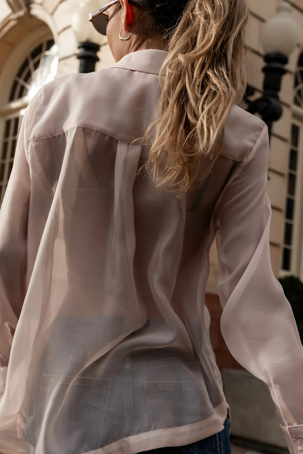 Liberty Sheer Button Up Blouse in Blush