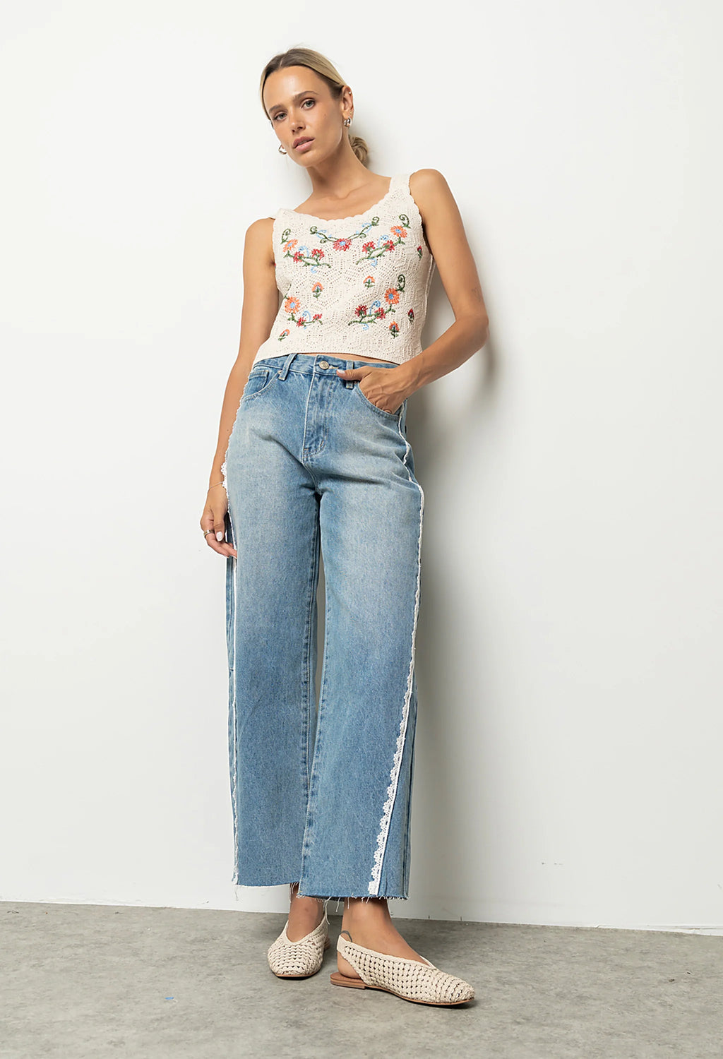 Adeline Lace Trim Barrel Jeans