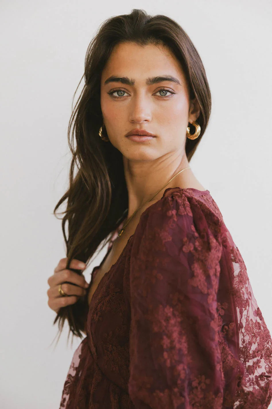 Tiana Embroidered Mini Dress in Red Brown